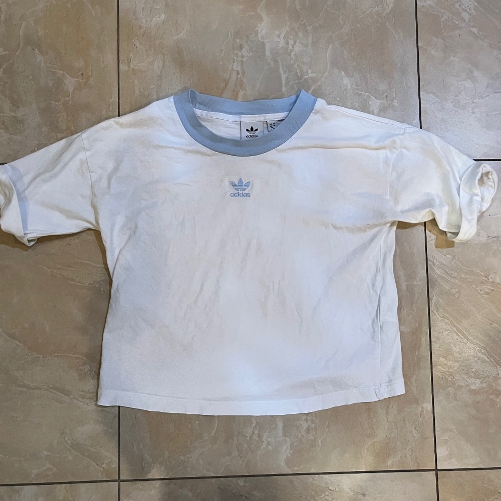 White Pastel Blue Adidas Short Sleeve Tee Shirt Top Medium